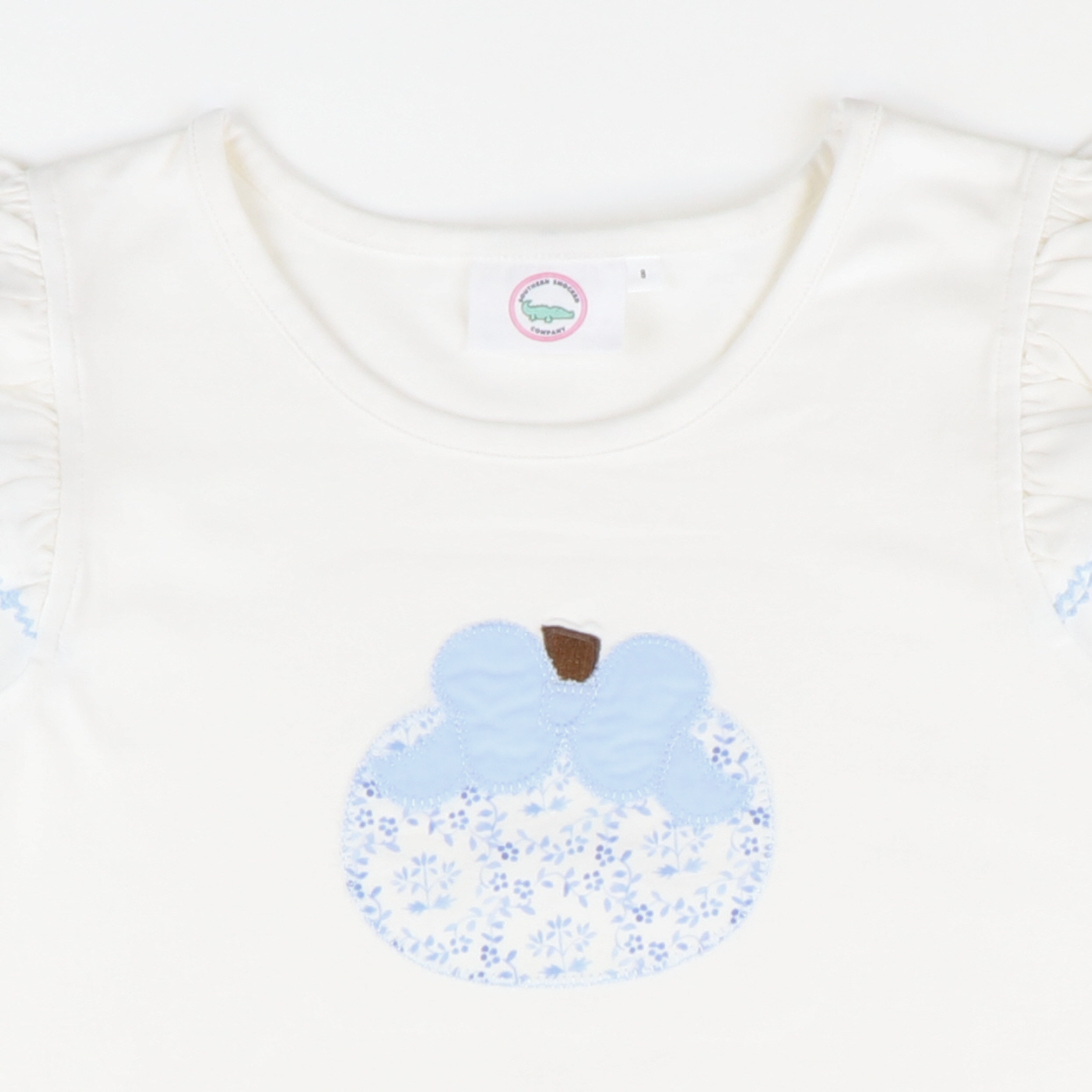 Blue Chinoiserie Pumpkin Appliqué Flutter Top - White Knit