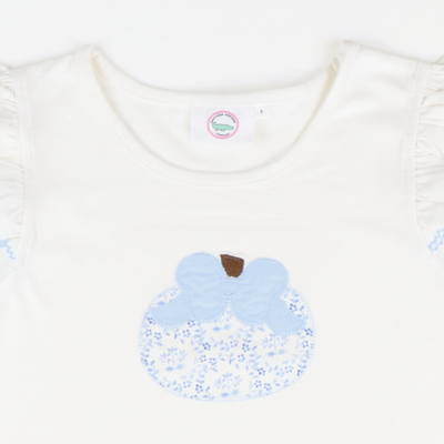 Blue Chinoiserie Pumpkin Appliqué Flutter Top - White Knit