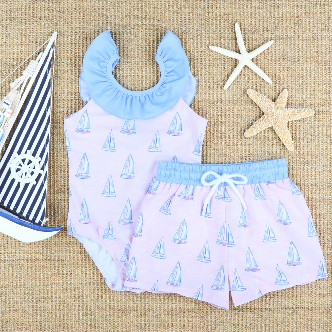 Ruffle Neck Swimsuit - Sail Away