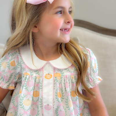 Embroidered Pink & Orange Pumpkins Collared Dress- Pumpkin Pink Bow Trellis