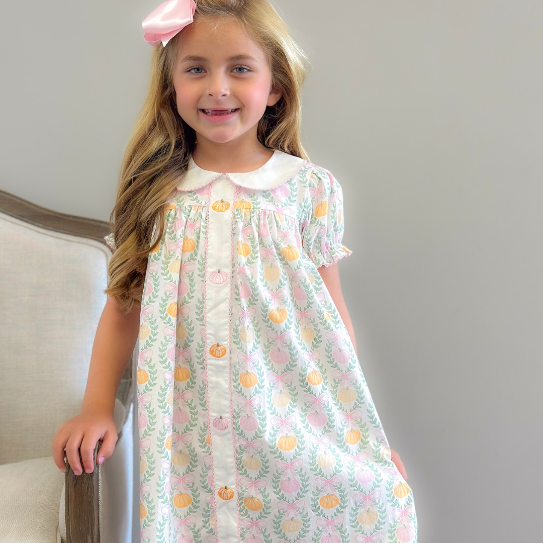 Embroidered Pink & Orange Pumpkins Collared Dress-  Pumpkin Pink Bow Trellis - Stellybelly