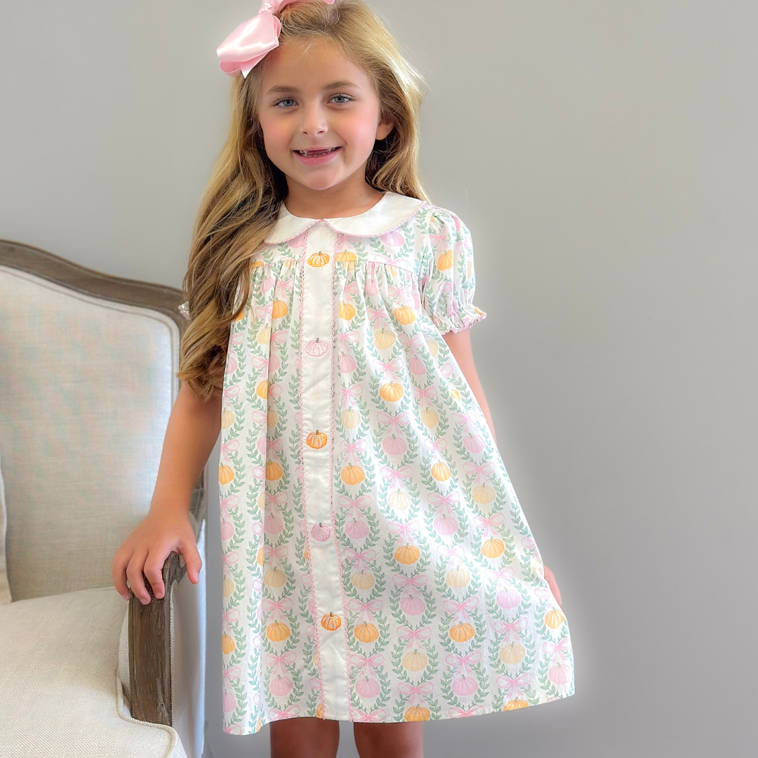 Embroidered Pink & Orange Pumpkins Collared Dress-  Pumpkin Pink Bow Trellis - Stellybelly