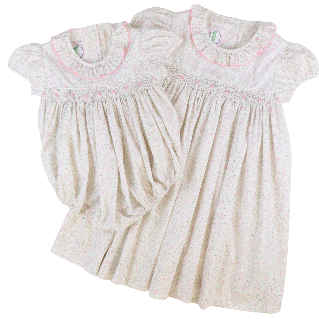 Smocked Rosette Ruffle Girl Bubble - Pink Floral - Stellybelly