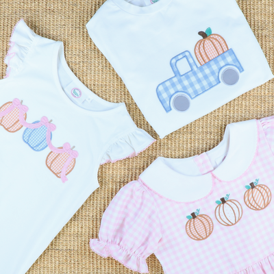 Pumpkin Trio Appliqué Collared Dress- Light Pink Check Knit