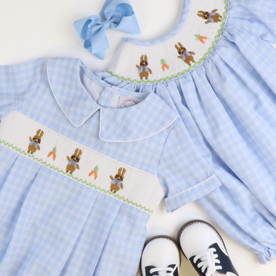 Smocked Storybook Rabbits Girl Bubble - Light Blue Plaid