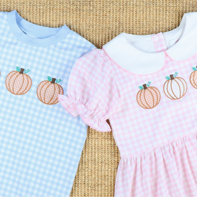 Pumpkin Trio Appliqué T-Shirt - Light Blue Check Knit