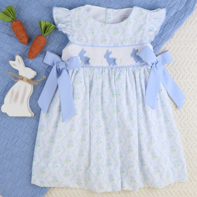 Smocked Blue Bunnies Dress- Hydrangea Blooms