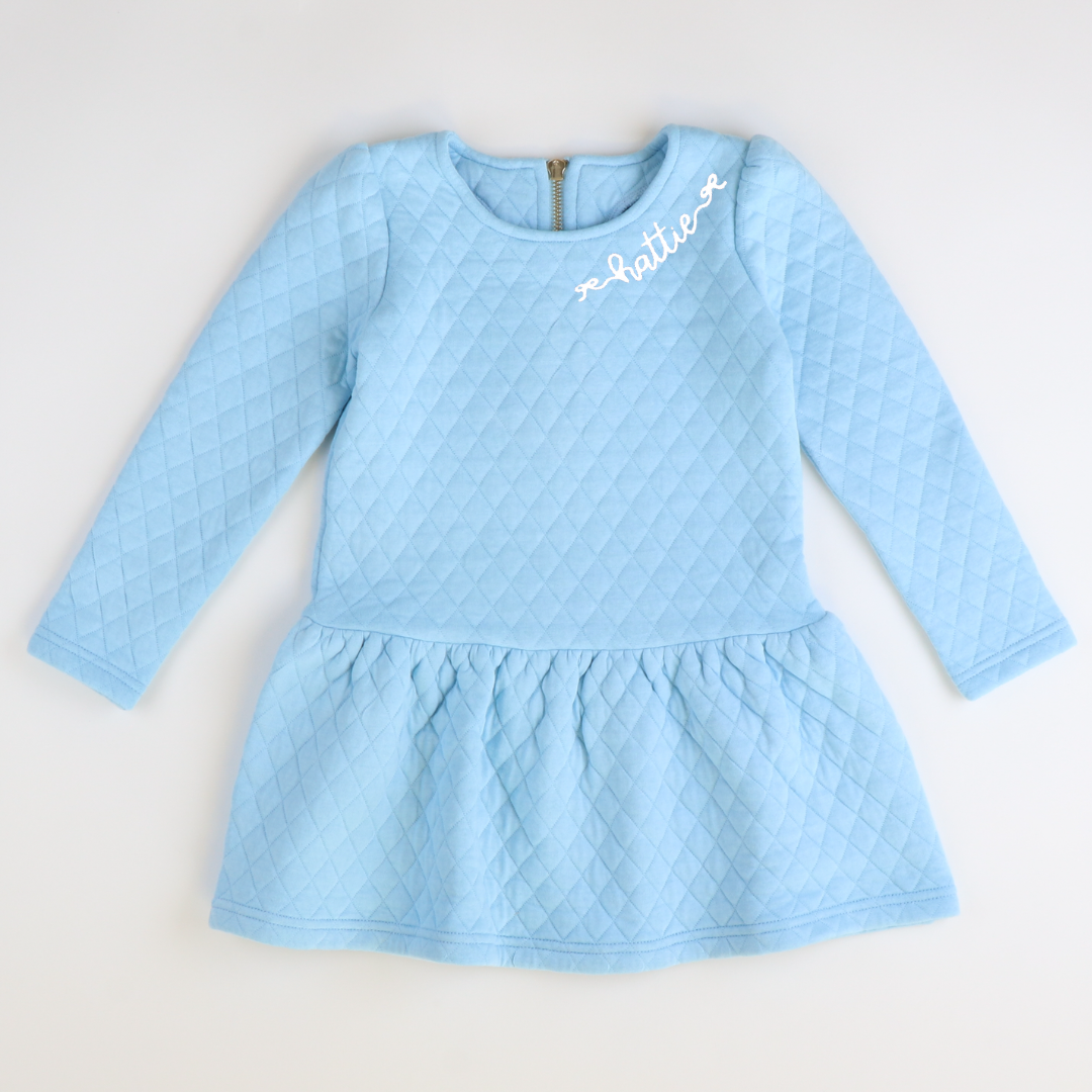 Embroidered Quilted Party Dress - Light Blue