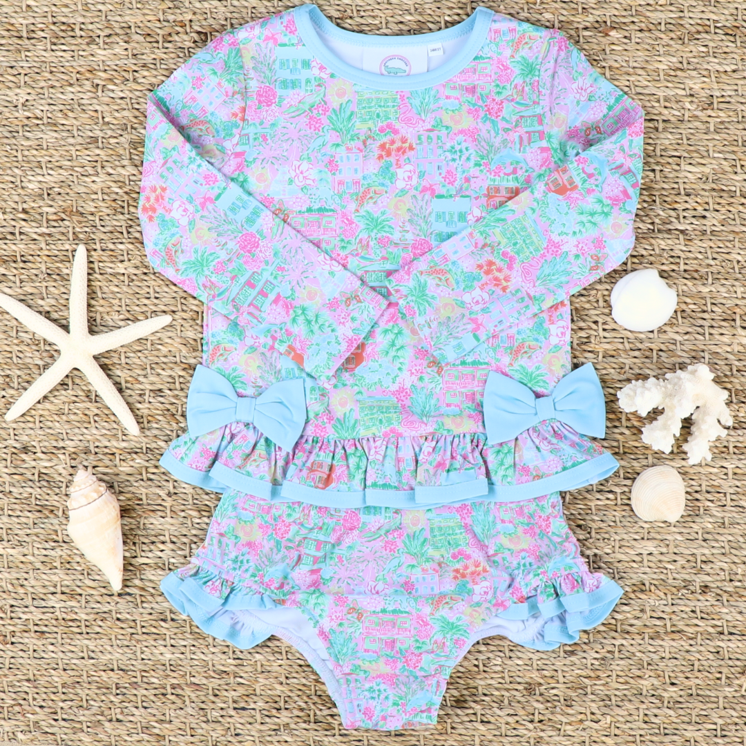 Two-Piece Ruffle Rash Guard - Charleston Print - Stellybelly