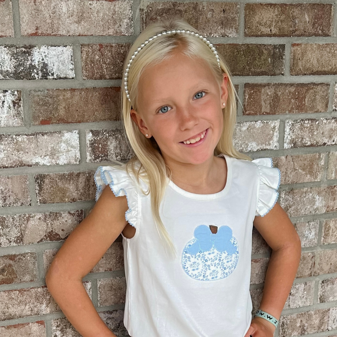 Blue Chinoiserie Pumpkin Appliqué Flutter Top - White Knit - Stellybelly