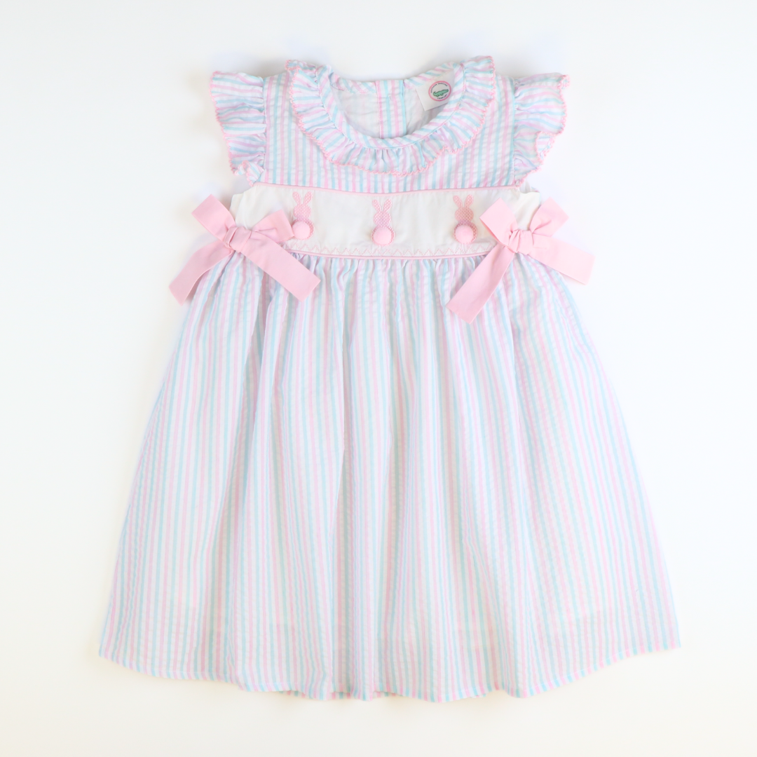 Embroidered Cottontail Bunnies Dress - Pink & Aqua Stripe Seersucker