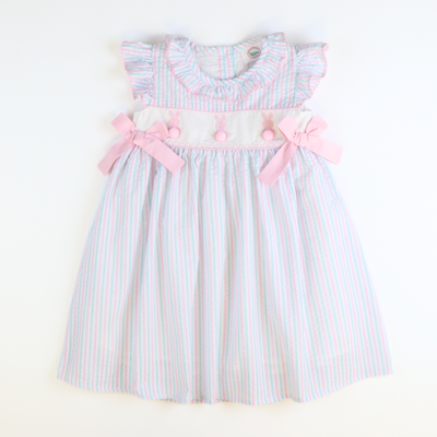 Embroidered Cottontail Bunnies Dress - Pink & Aqua Stripe Seersucker