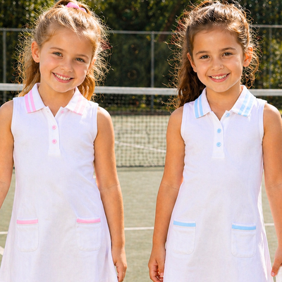 Courtside Tennis Dress - White & Light Blue
