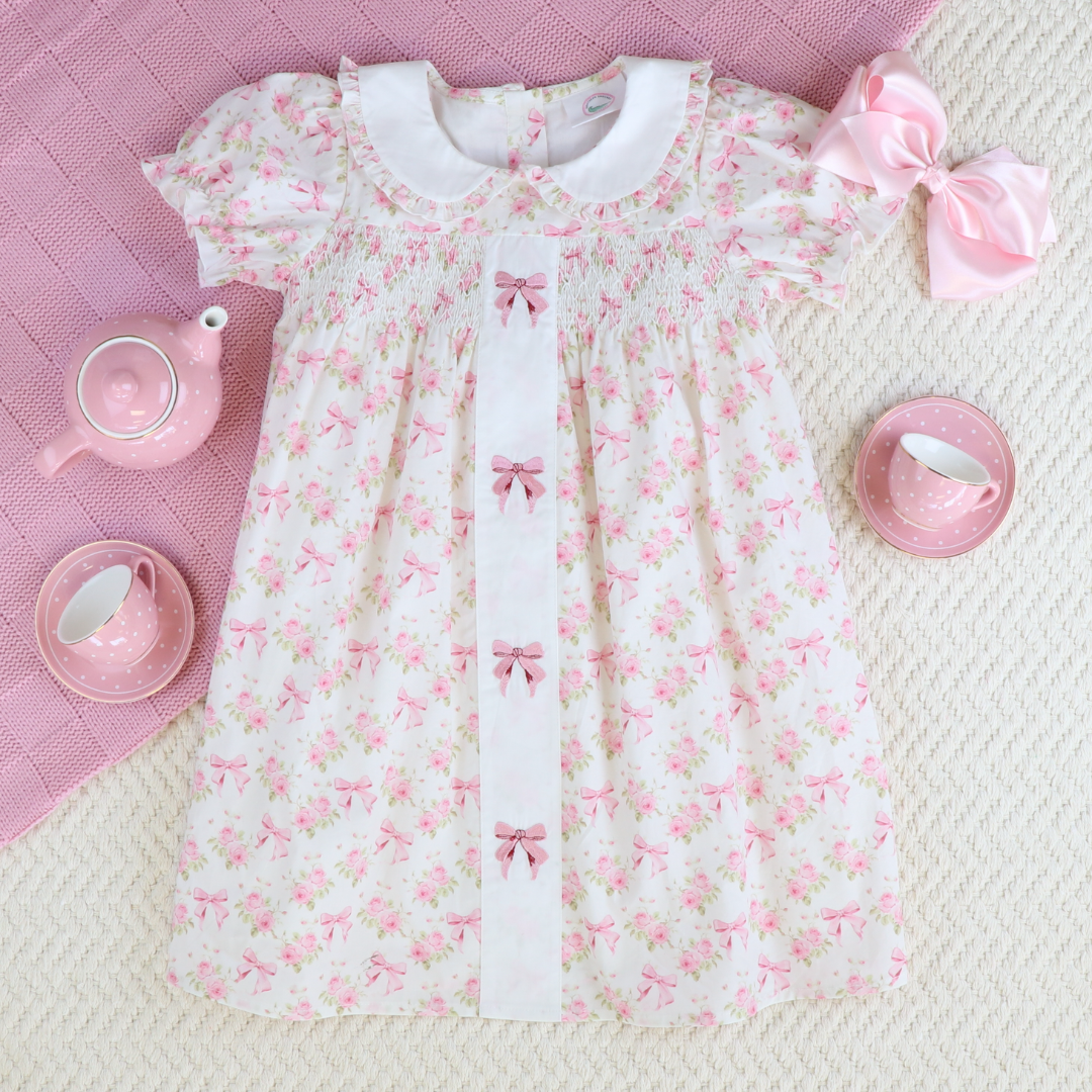 Embroidered Bows Dress - Pink Roses & Bows