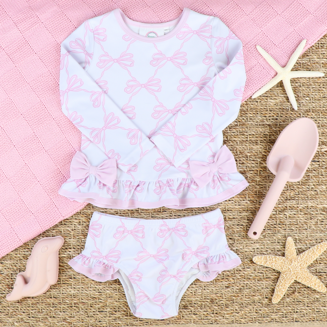 Two-Piece Ruffle Rash Guard - Pink Bows - Stellybelly
