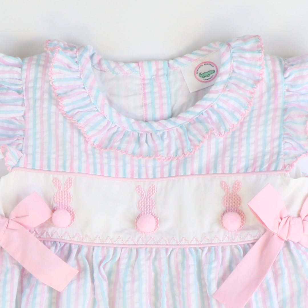 Embroidered Cottontail Bunnies Girl Bubble - Pink & Aqua Stripe Seersucker