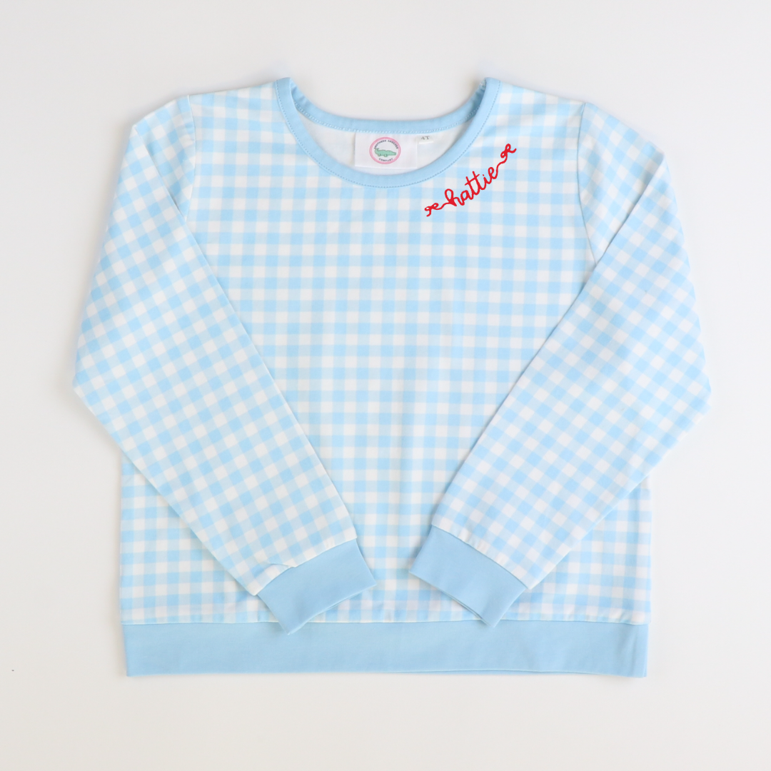 Embroidered Long Sleeve Shirt - Light Blue Check