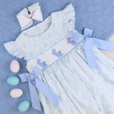 Smocked Blue Bunnies Dress- Hydrangea Blooms
