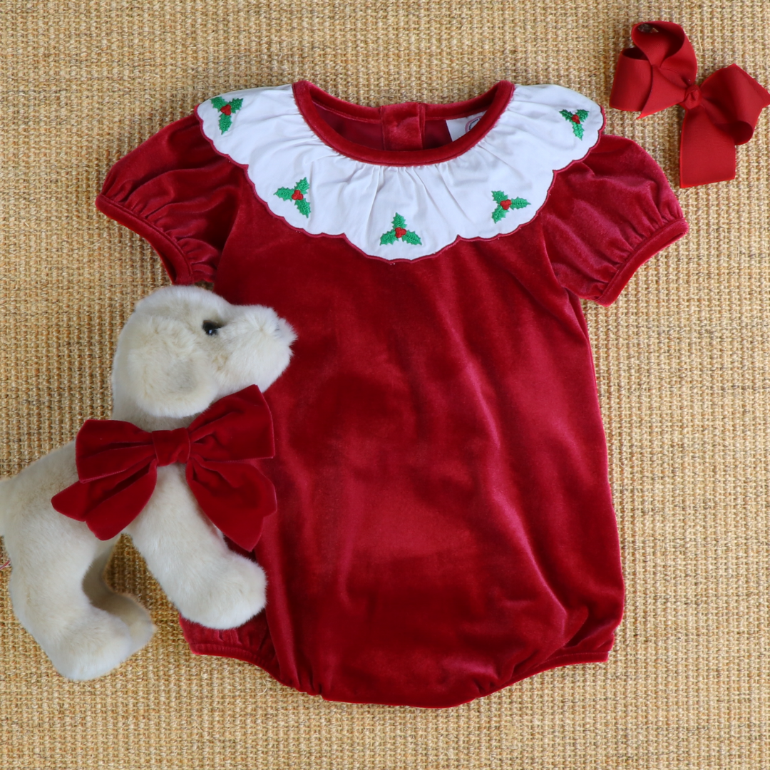 Embroidered Holly Holiday Red Velvet Girl Bubble