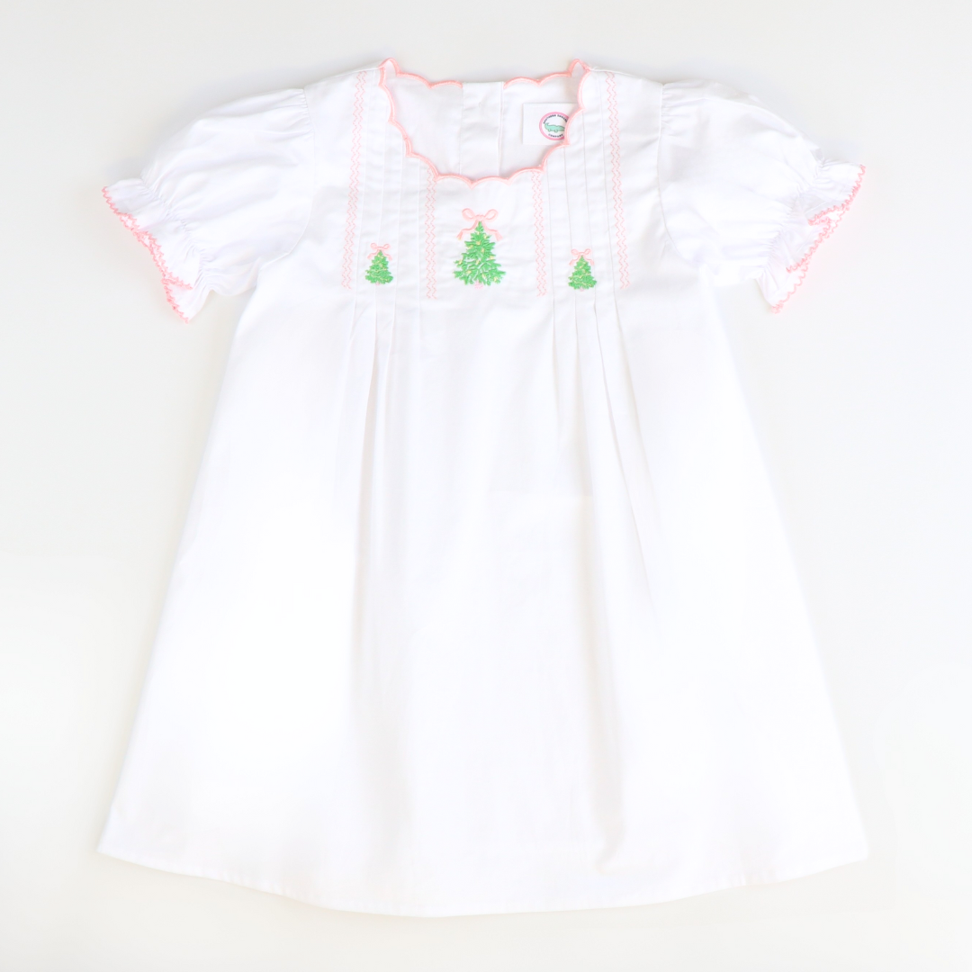 Embroidered Christmas Trees Dress - White