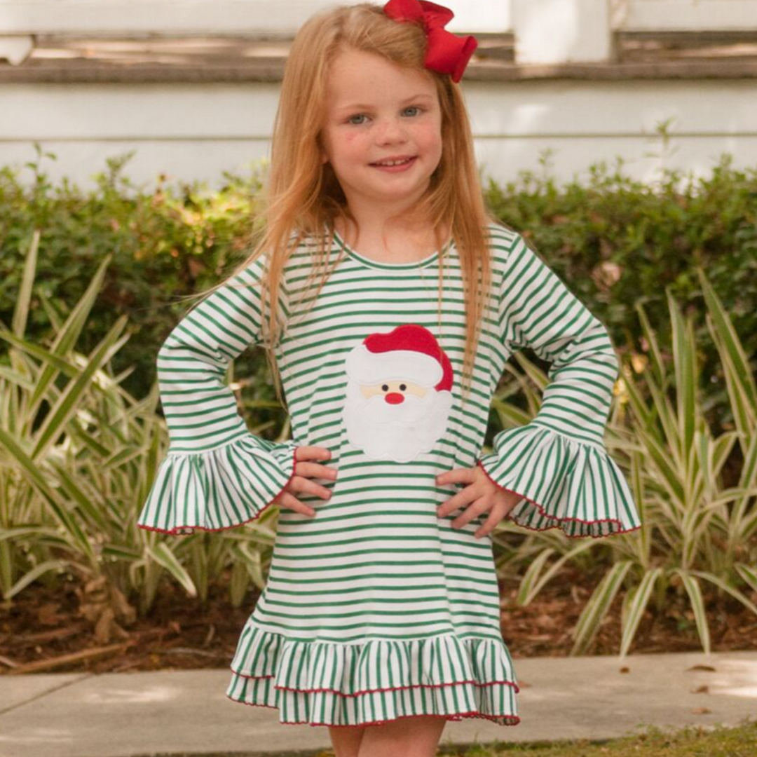 Appliquéd Santa Face Knit Ruffle Dress - Christmas Green Stripe - Stellybelly