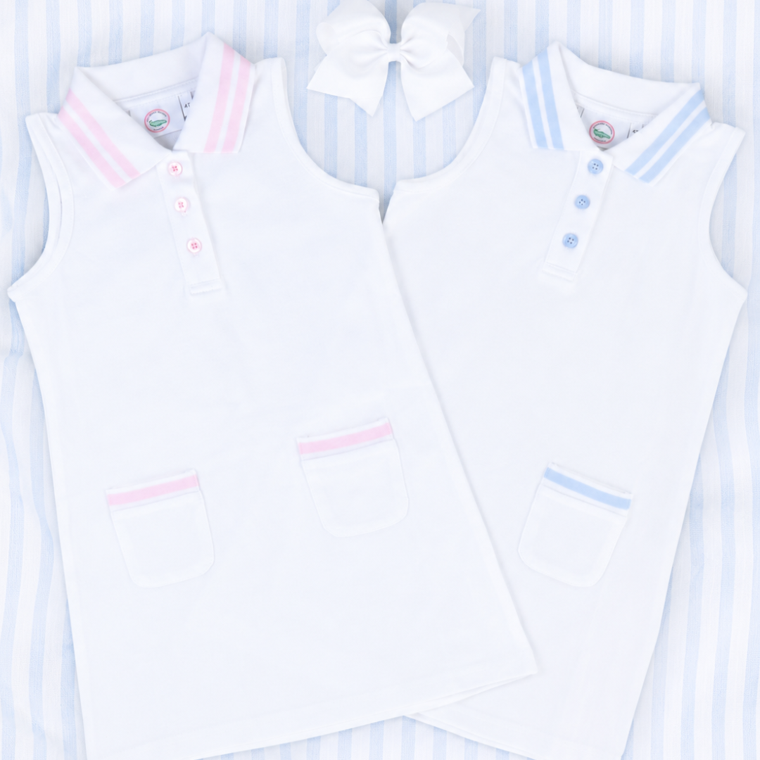 Courtside Tennis Dress - White & Light Blue