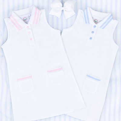 Courtside Tennis Dress - White & Light Blue
