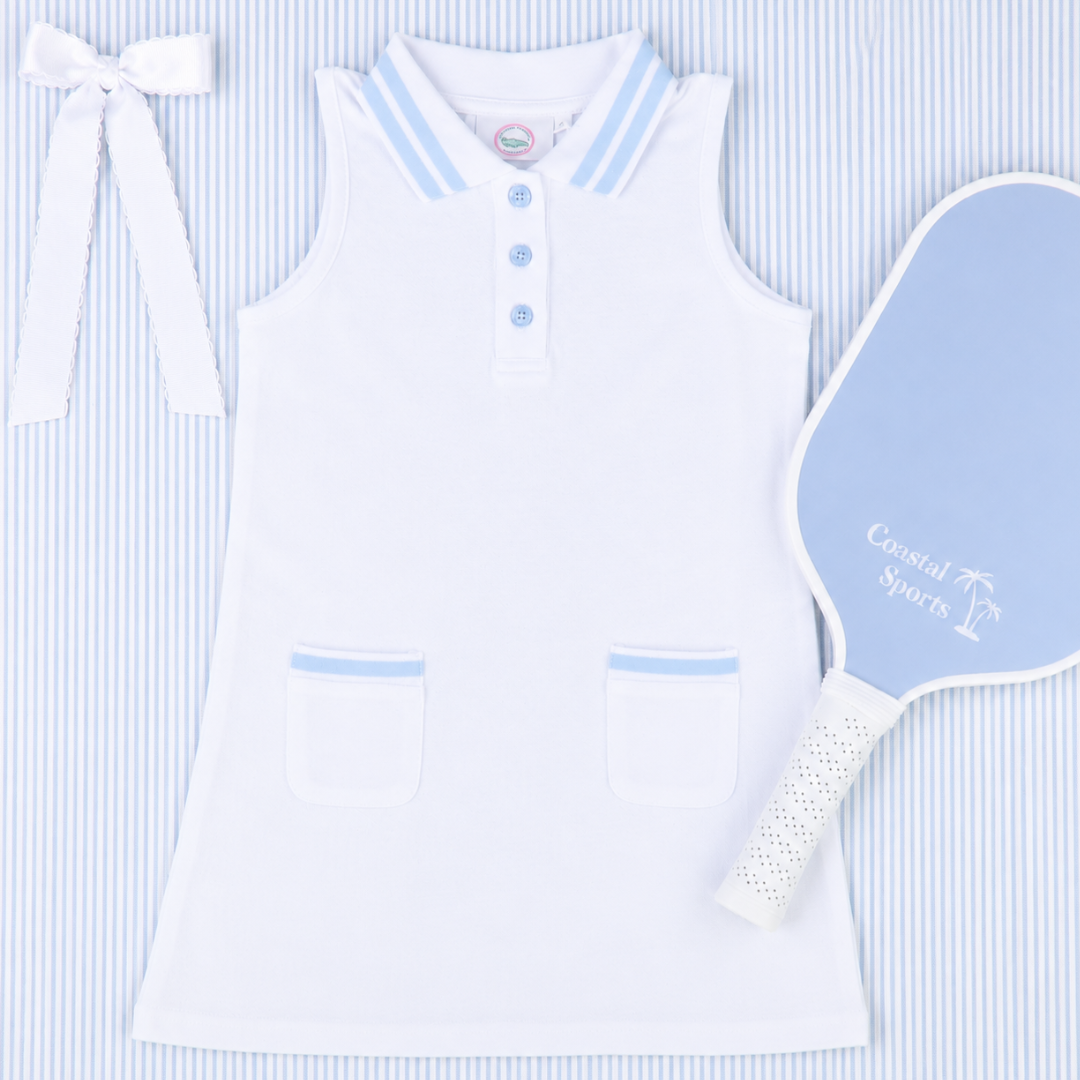 Courtside Tennis Dress - White & Light Blue