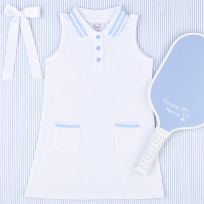 Courtside Tennis Dress - White & Light Blue