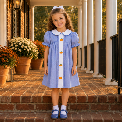 Embroidered Pumpkins Collared Dress - Blue Gingham