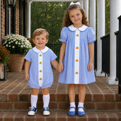 Embroidered Pumpkins Collared Dress - Blue Gingham