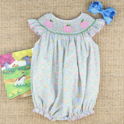 Smocked Pink Pumpkins Girl Bubble - Pumpkins & Vines - Stellybelly