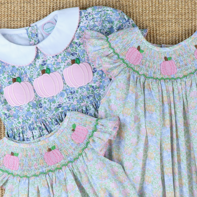 Pink Pumpkin Trio Appliqué Dress- Pink & Blue Floral