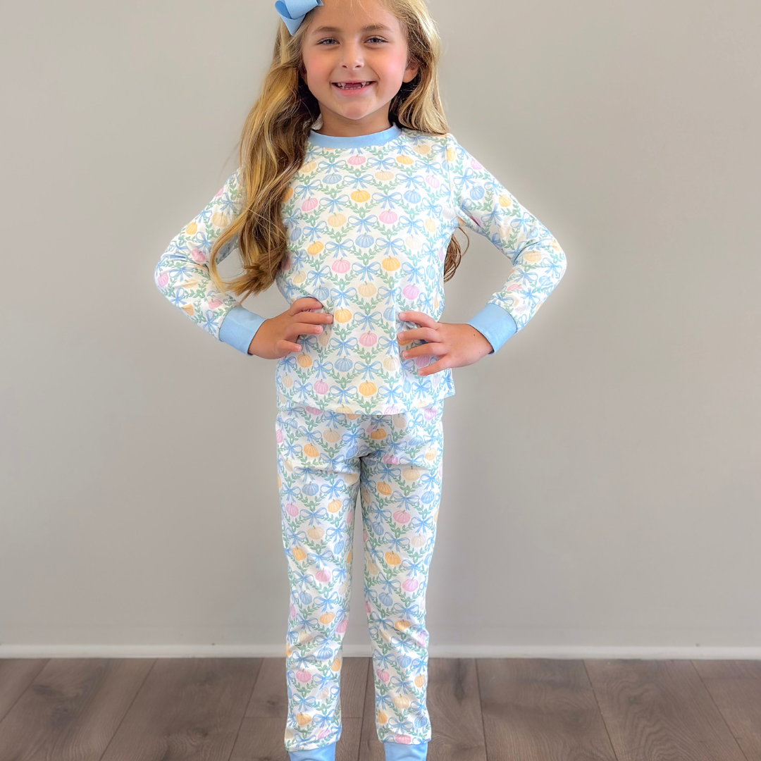 Pajama Set - Pumpkin Blue Bow Trellis - Stellybelly