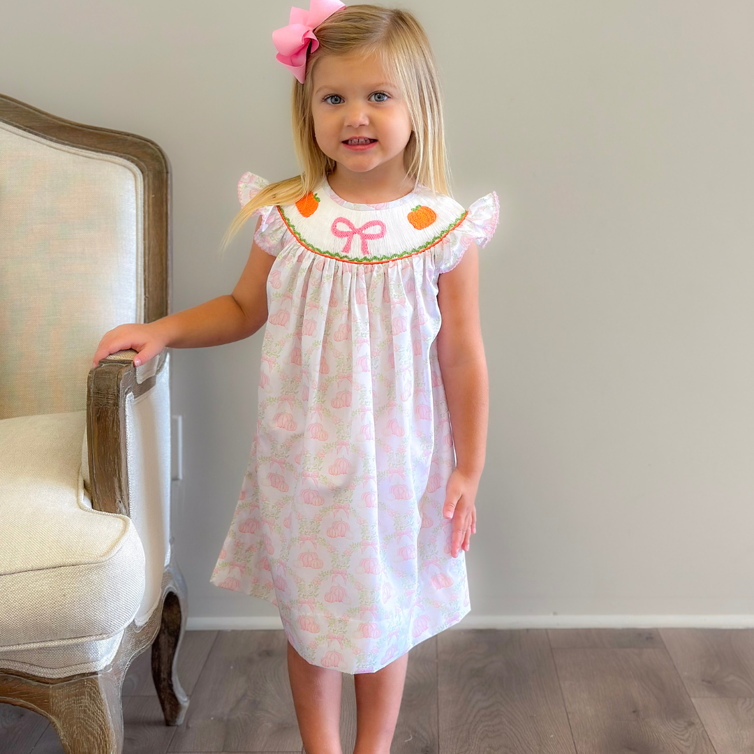 Smocked Pink Bow & Pumpkins Bishop- Pumpkin Lattice - Stellybelly