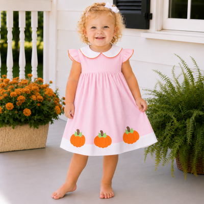 Appliquéd Pumpkins Collared Dress - Light Pink Gingham