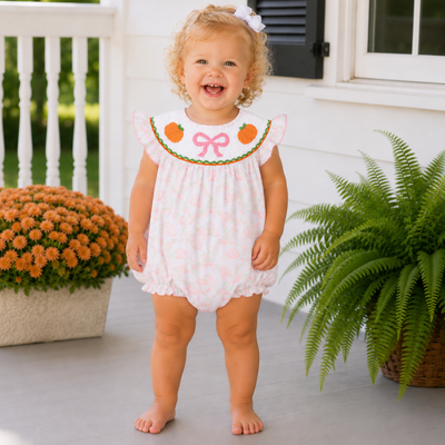Smocked Pink Bow & Pumpkins Girl Bubble - Pumpkin Lattice
