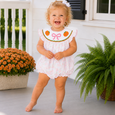 Smocked Pink Bow & Pumpkins Girl Bubble - Pumpkin Lattice