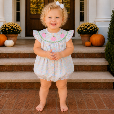 Smocked Pink Pumpkins Girl Bubble - Pumpkins & Vines
