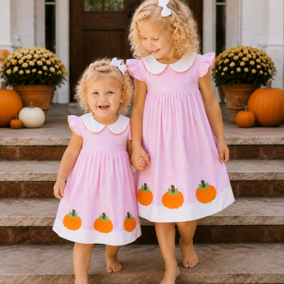 Appliquéd Pumpkins Collared Dress - Light Pink Gingham
