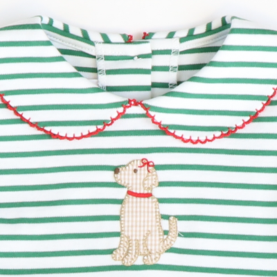 Appliquéd Labrador Collared Girl Long Bubble - Christmas Green Stripe Knit - Stellybelly