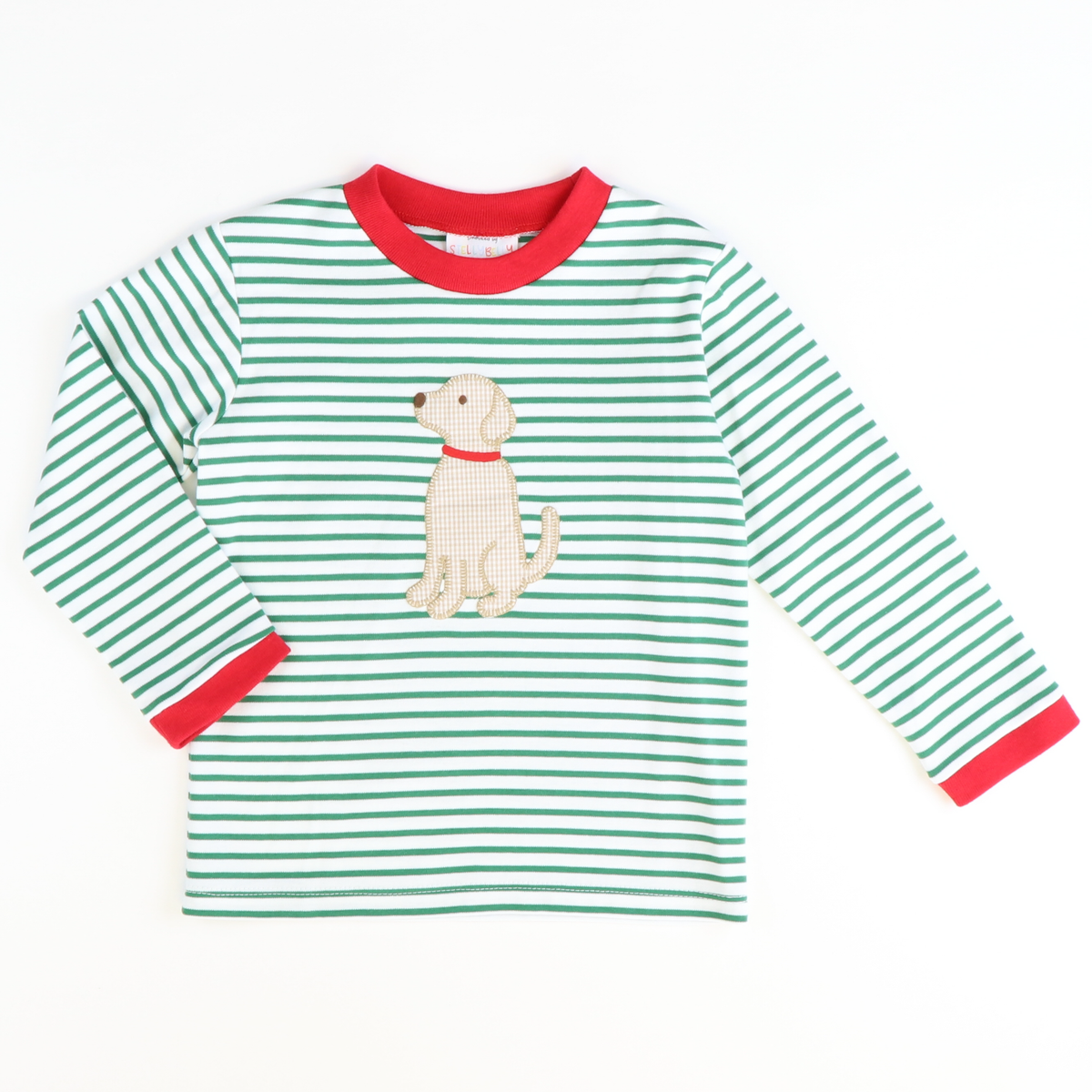 Appliquéd Labrador Long Sleeve Shirt - Christmas Green Stripe Knit - Stellybelly