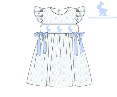 Smocked Blue Bunnies Dress- Hydrangea Blooms