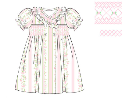 Smocked Ruffle Neck Dress- Pink Floral Vines