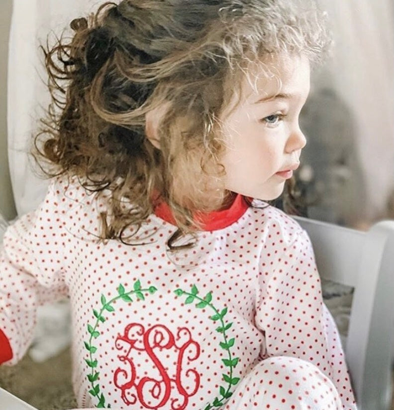 Embroidered Wreath Pajama Set - Red Tiny Dots