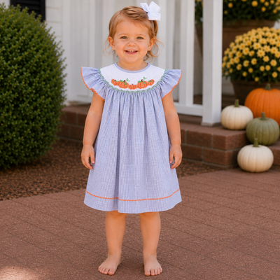 Smocked Pumpkin Patch Bishop - Navy Windowpane