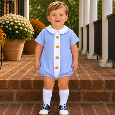 Embroidered Pumpkins Boy Collared Bubble - Blue Gingham
