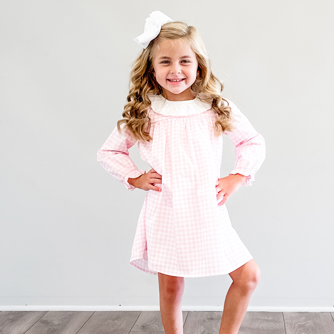 Ruffle Collar Dress - Light Pink Check