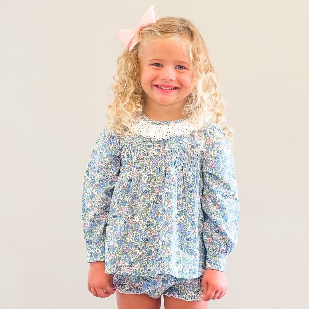 Eyelet Ruffle Smocked Set - Pink & Blue Floral