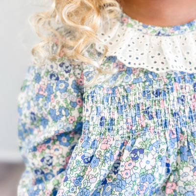 Eyelet Ruffle Smocked Set - Pink & Blue Floral